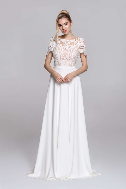 Bridal lace top FATE. Wedding separates, mix & match. Geometrical lace with nude base and ivory embroidery.