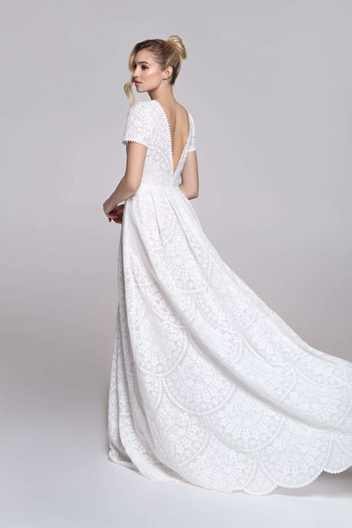 FIONA wedding dress | Full lace with boat neckline and cap sleeves