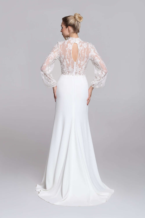 FIREFLY wedding dress | Beaded floral lace with long sleeves and open portait back