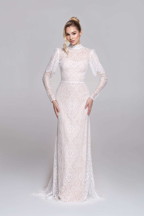 FLORENCE wedding dress | high neck with long sleeves in full geometrical lace