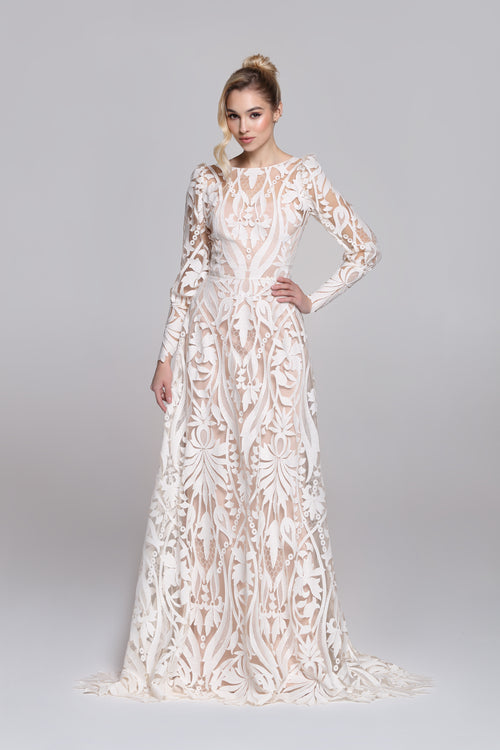 FOUNTAIN wedding dress | Geometrical bohemian lace with long sleeves