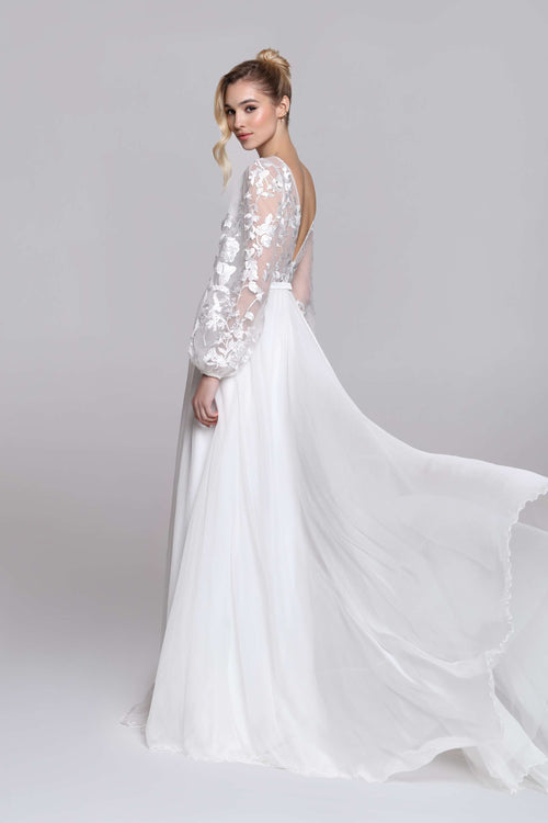 FROST wedding dress | V neckline lace sleeves and flowing chiffon skirt