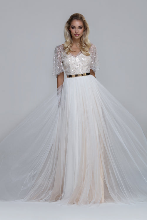 Sequin tulle with soft tulle wedding dress PARIS. Wide elbow length sleeves, draped soft tulle skirt