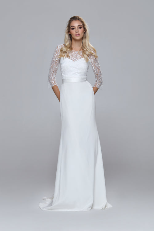 Wedding separates - lace top with 3/4 sleeves. Silk satin tie at waist.Mix&Match romantic.