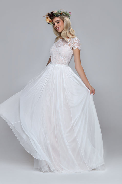 Romantic wedding dress. Lace top with draped SILK tulle skirt. BOat neckline with V-back. Cap sleeves.