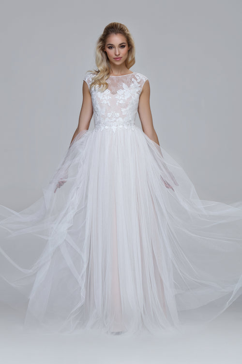 Embroidered wedding dress PRIMROSE. Lace top with draped soft tulle skirt. Boat neckline with V-back.