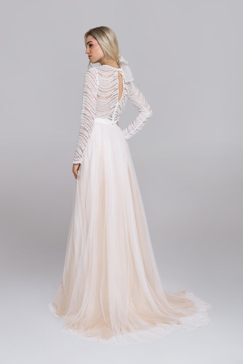 Bridal or evening skirt with draped soft tulle and nude tulle under layer.