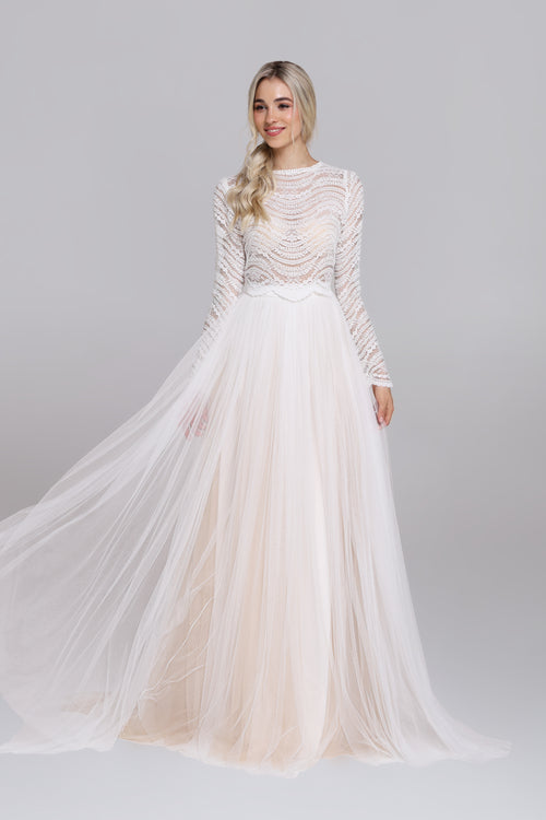 Bridal or evening skirt with draped soft tulle and nude tulle under layer.