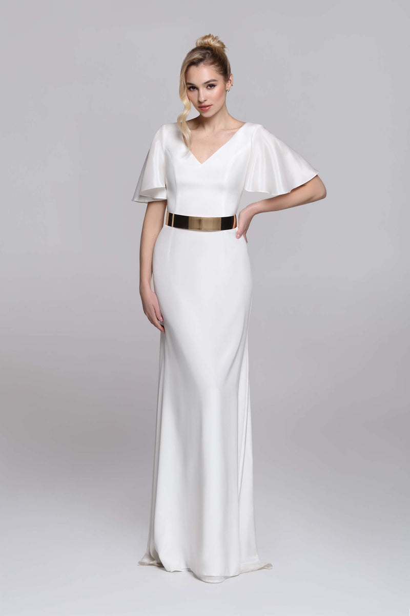 Satin wedding dress BROOKLYN. Wide sleeves, mermaid skirt. V-neckline, V-back.